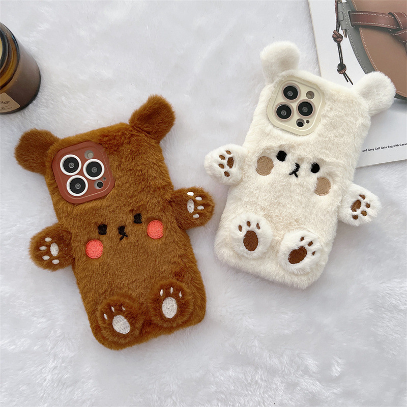 Phone Cases Protective - เคสโทรศัพท์คู่รักลายหมีการ์ตูน 3 มิติ สไตล์เกาหลี ขนปุย สำหรับ