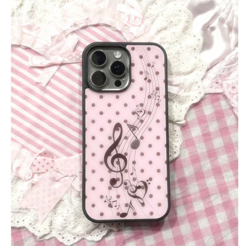 Phone Cases For Girls - เคสโทรศัพท์ลายจุดสีชมพู-น้ำตาลสไตล์เกาหลี ลายหัวใจและโน้ตดนตรี สำหรับ iPhone 17 16