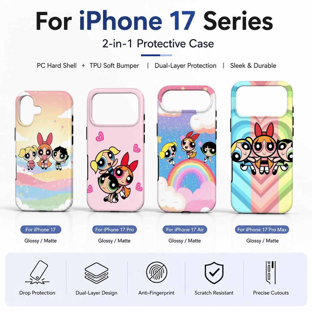 Phone Cases For Girls - เคสโทรศัพท์ลายอนิเมะ P-Powerpuff Girls วัสดุฟิล์ม 2-in-1 สำหรับ