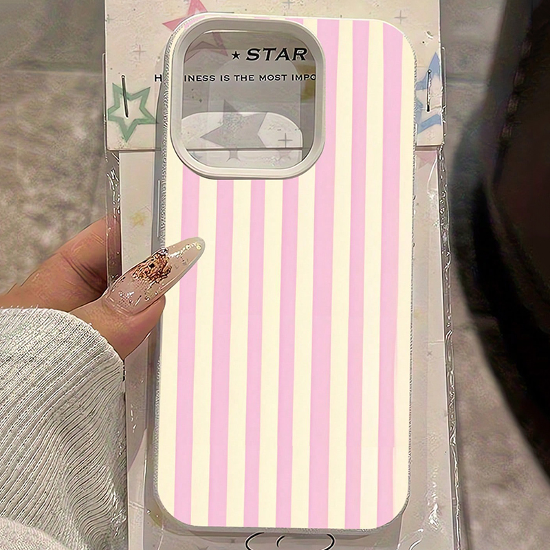 Phone Cases Blue - เคสโทรศัพท์ลายลิ้นจี่สีชมพูเรียบง่ายแบบลายทางแนวตั้ง สำหรับ iPhone 17 16 15