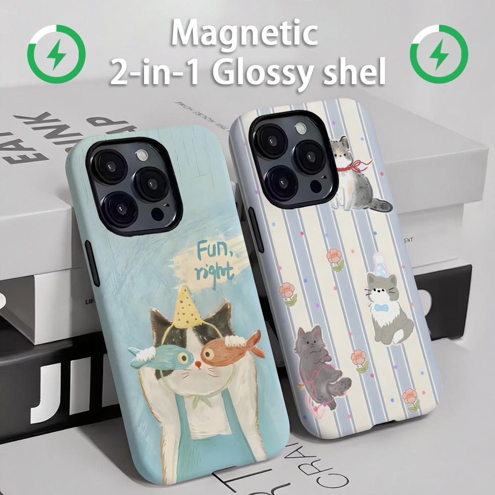 Phone Cases Cute Iphone 14 - แมวและสุนัขน่ารักเคสโทรศัพท์แม่เหล็ก 2-in-1 Glossy SHELL สําหรับ iPhone