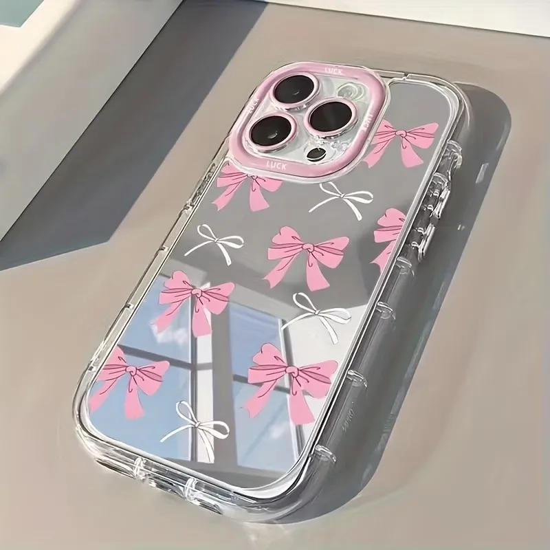 Phone Cases For Girls - เคสโทรศัพท์ลายโบว์สีฟ้าชมพูน่ารักสำหรับสาวๆ พร้อมกระจกแต่งหน้า สำหรับ iPhone 17 AIR